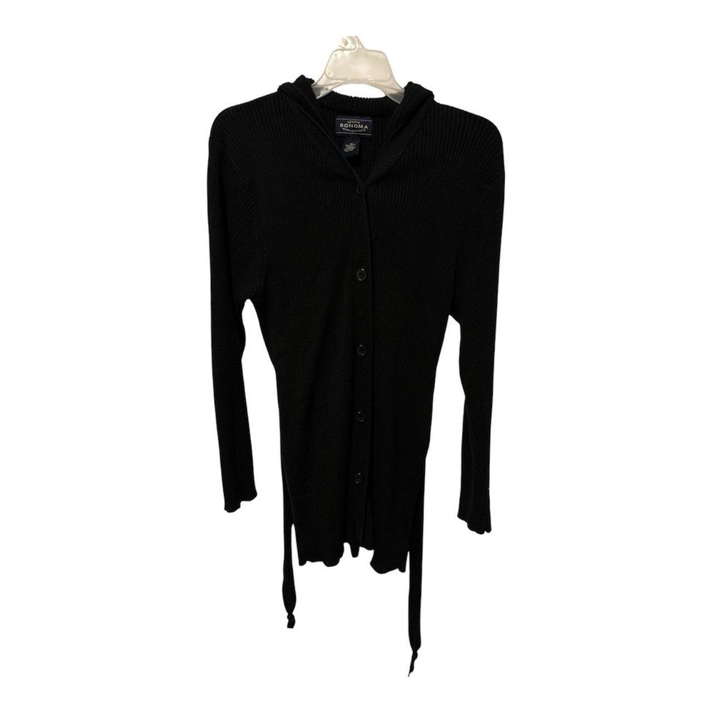 Sonoma Black ribbed knit cardigan with hood and tie waist